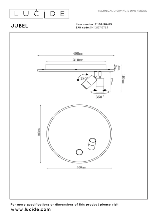 Lucide JUBEL - Plafonnière - Ø 40 cm - LED - CCT - 2500K/3000K - Zwart chroom - technisch